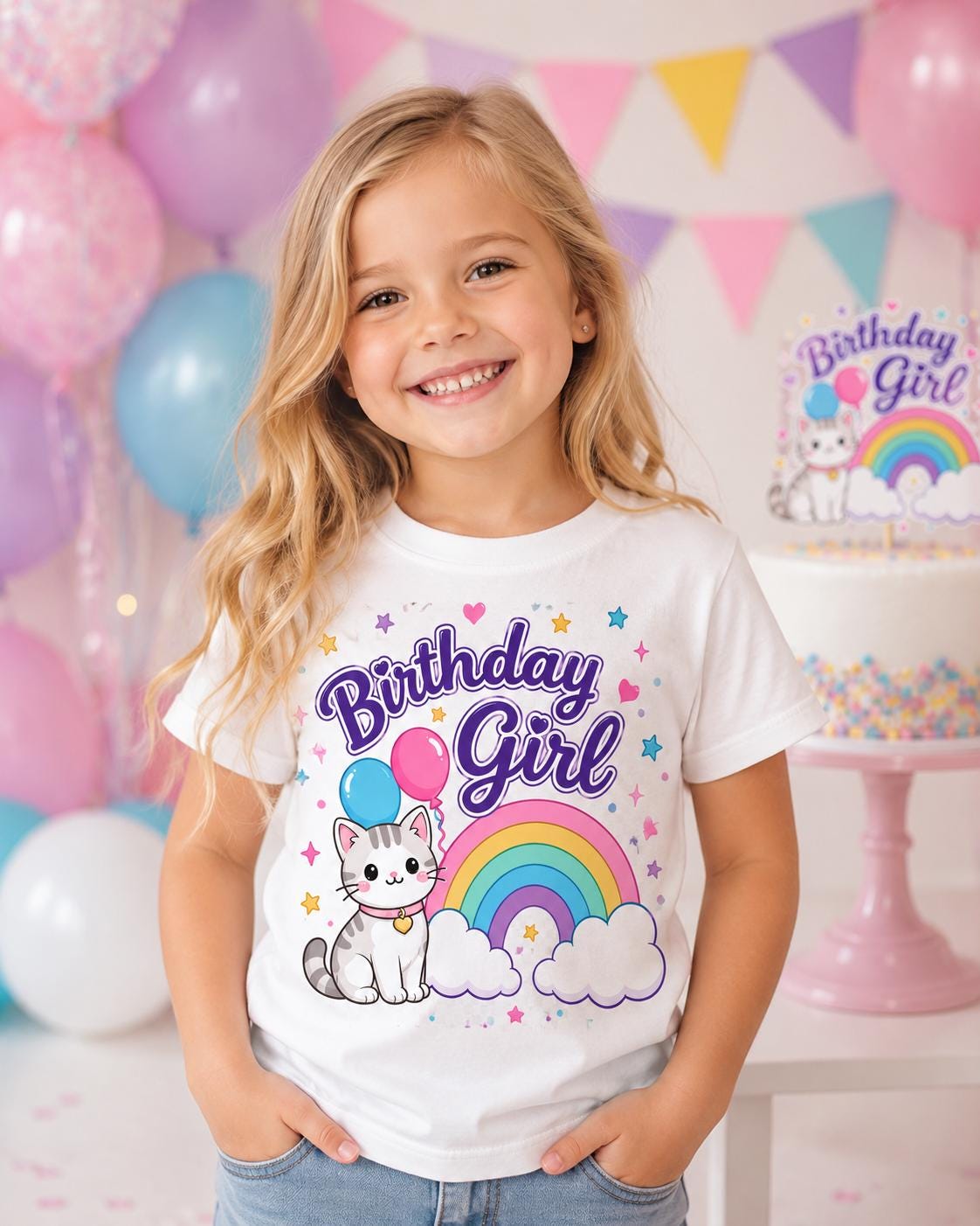 Birthday Girl Cat Shirt | Cute Cat Birthday Shirt | Rainbow Birthday Tee | Girls Birthday Outfit | Kawaii Birthday Shirt |