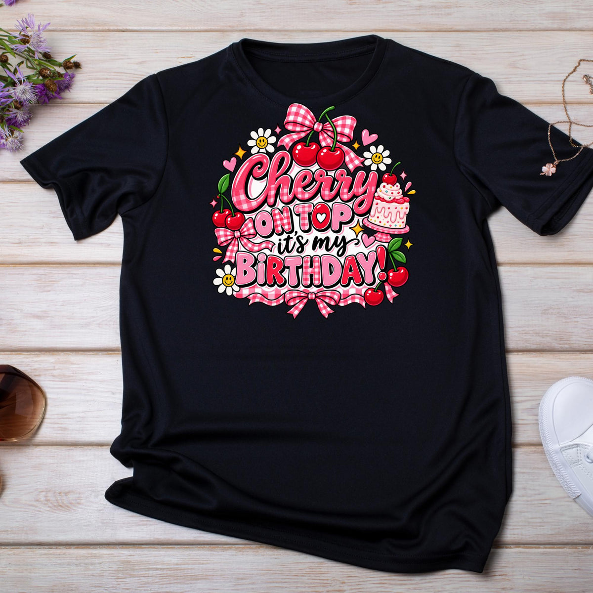 Cherry Birthday Shirt Girl, Cherry on Top Birthday Shirt, Girls Birthday Outfit, Pink Gingham Birthday Tee, Sweet Birthday Girl Shirt