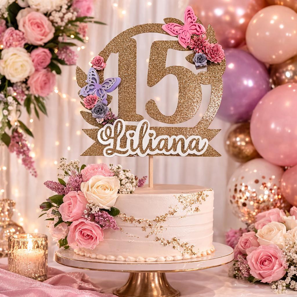 Personalized Sweet 15 Cake Topper | Butterfly Quinceañera Cake Topper | Floral 15th Birthday Topper | Custom Name Cake Topper | Mis Quince