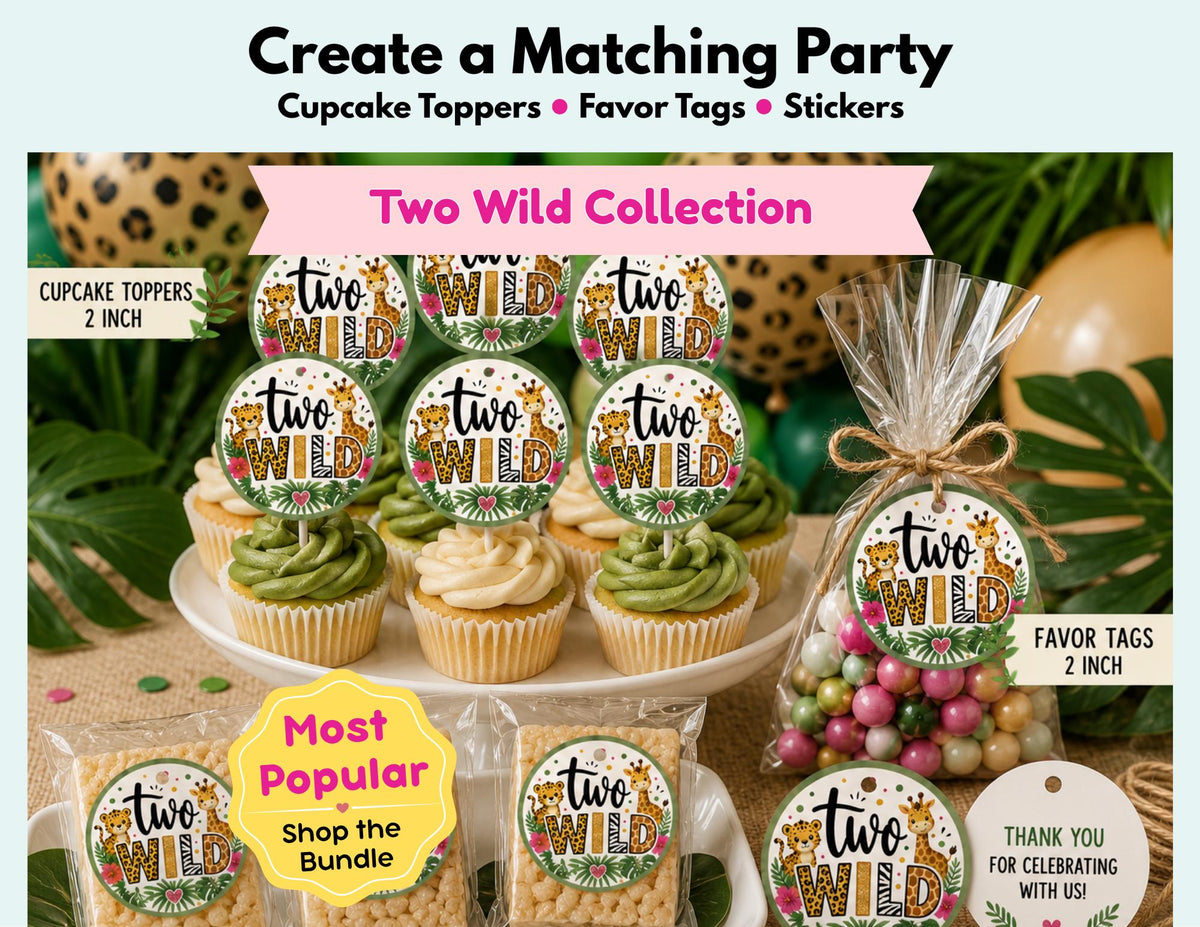 Two Wild Cupcake Toppers, Favor Tags & Stickers | Safari Birthday Party Decor | Jungle Party Favors | Two Wild Birthday Decorations