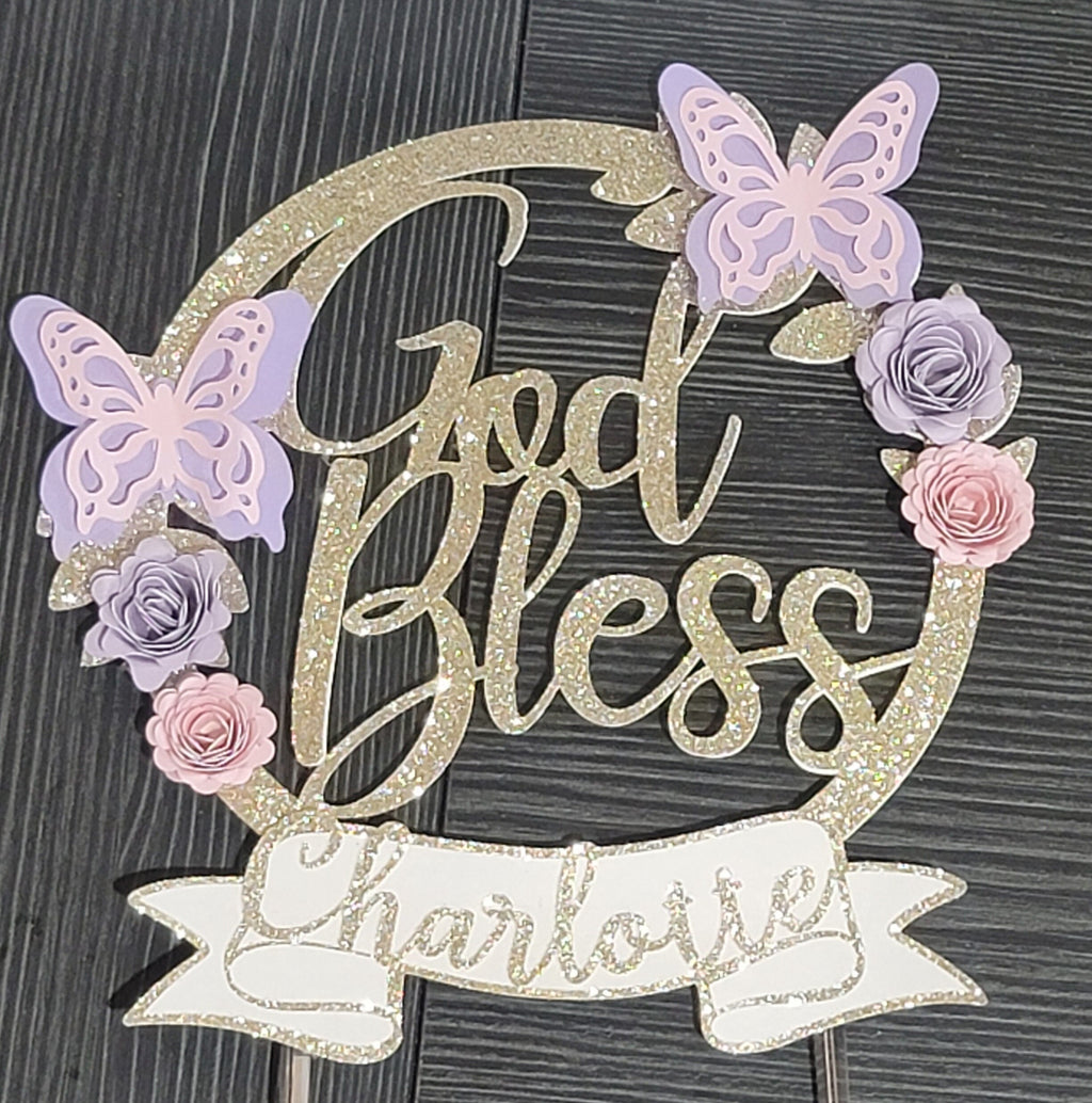 Baptism Cake Topper | God Bless Cake Topper with Name | Butterfly Floral Christening Decoration | Custom Religious Birthday Decor