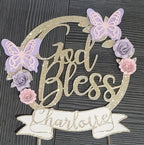 Baptism Cake Topper | God Bless Cake Topper with Name | Butterfly Floral Christening Decoration | Custom Religious Birthday Decor