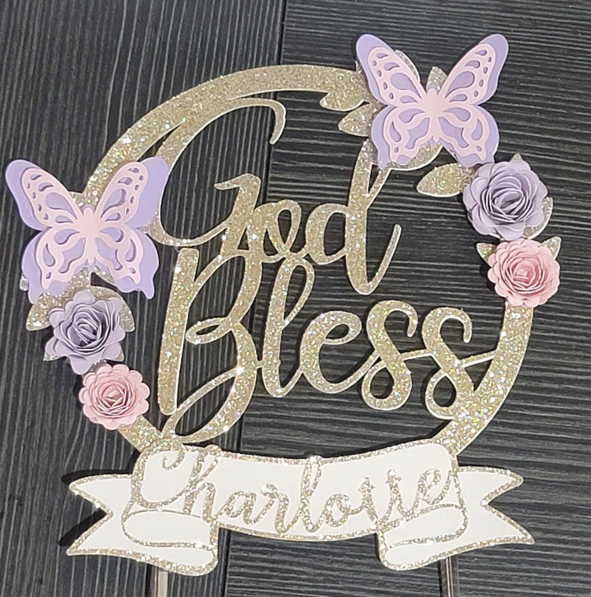 Baptism Cake Topper | God Bless Cake Topper with Name | Butterfly Floral Christening Decoration | Custom Religious Birthday Decor