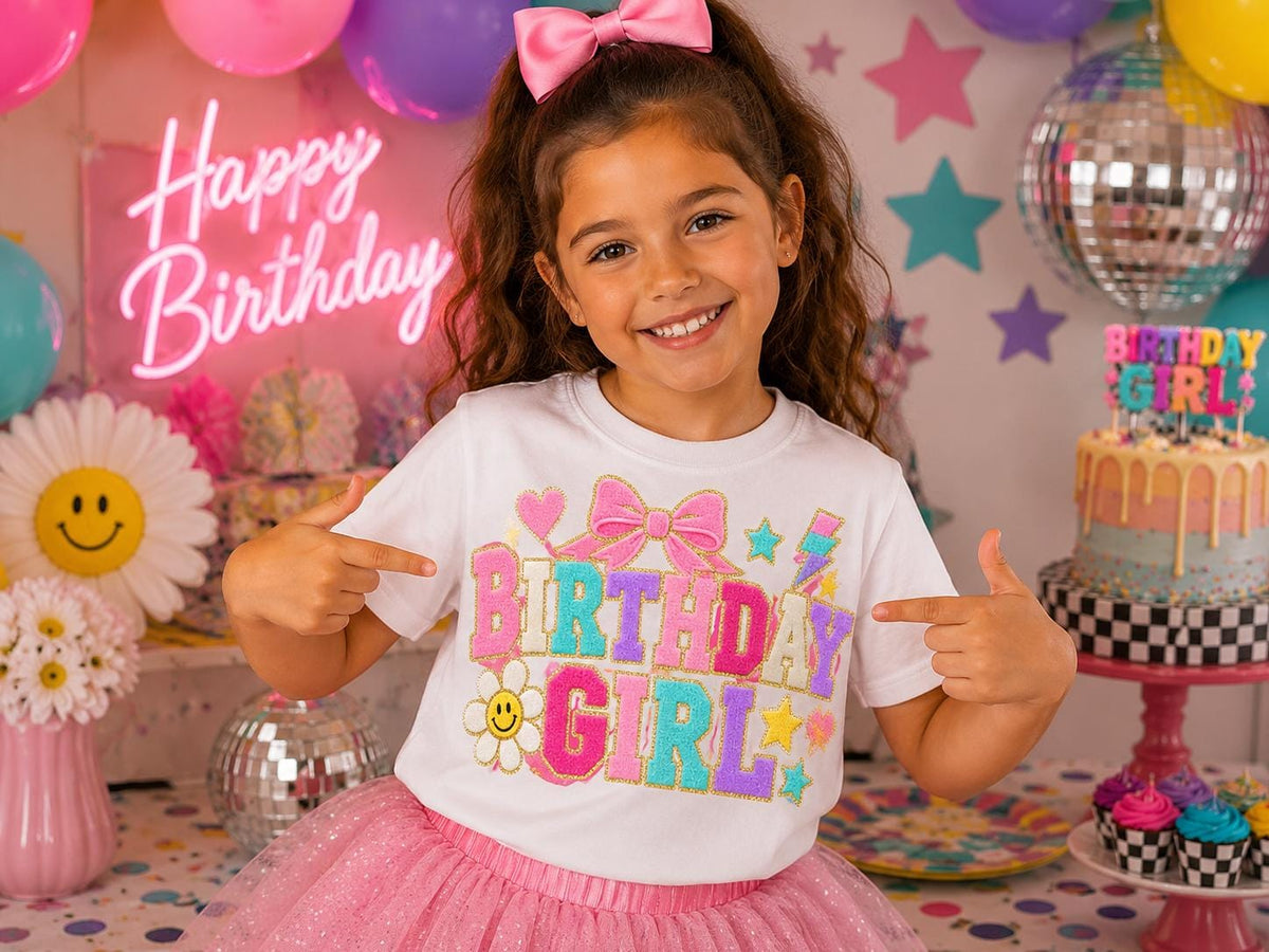 Preppy Birthday Girl Shirt, Faux Chenille Patch Shirt, Birthday Girl DTF Shirt, Varsity Letter Birthday Tee, Girls Birthday Outfit