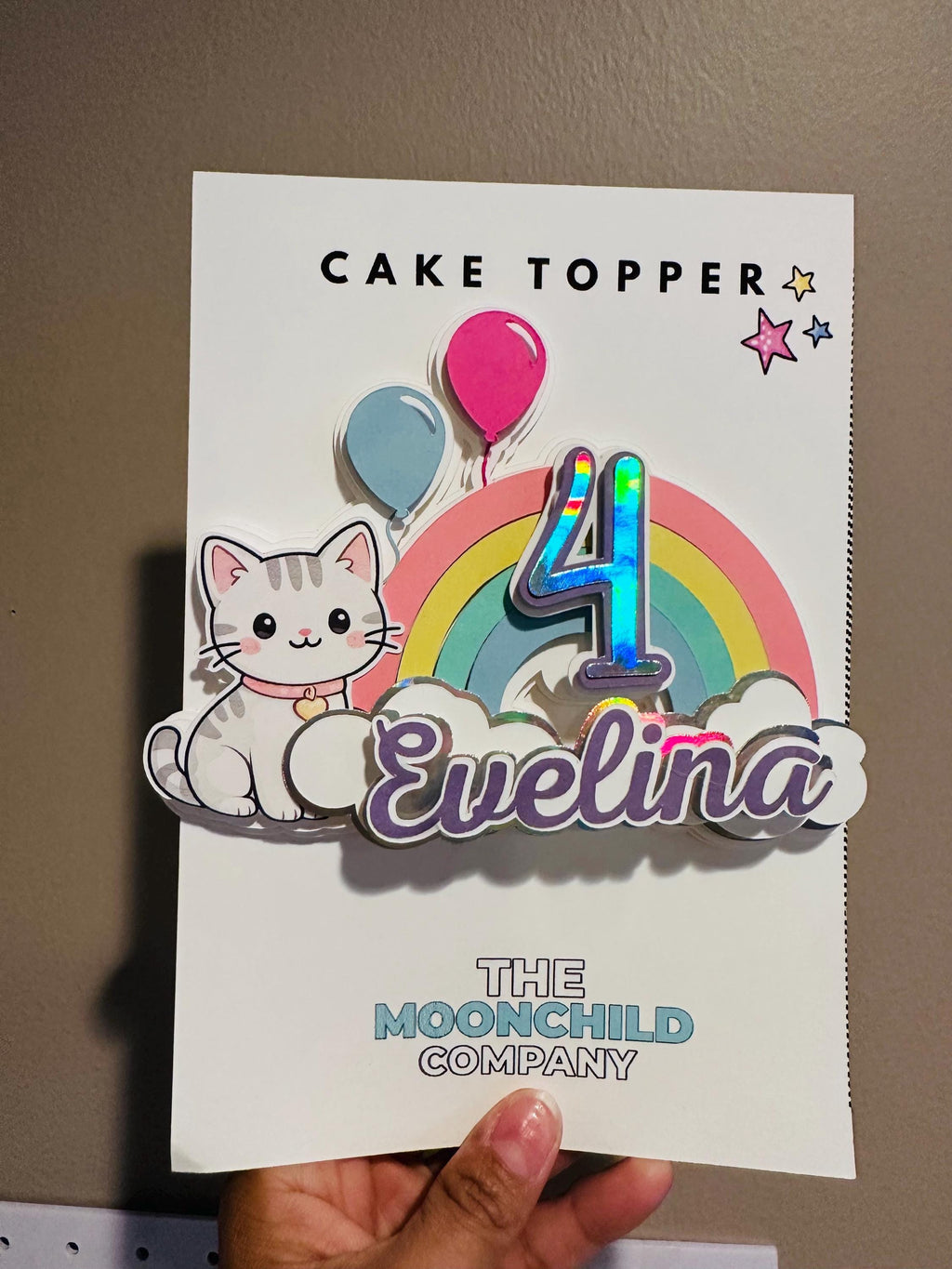 Personalized Rainbow Cat Cake Topper | Custom Name & Age Birthday Cake Decoration | Pastel Birthday Party Decor | Cute Kitten Cake Topper