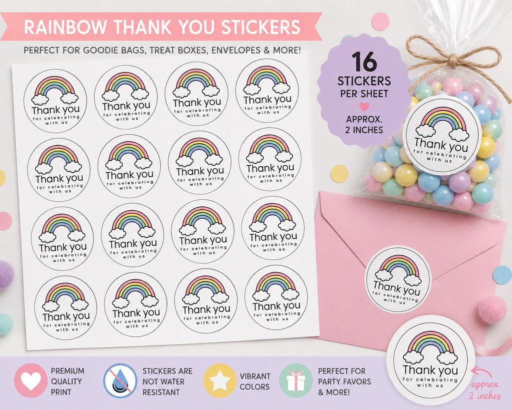 Rainbow Thank You Party Stickers | Goodie Bag Favor Stickers | Treat Bag Labels | Birthday Party Stickers | Matte or Glossy | 16 Stickers