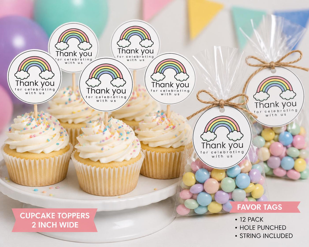 Rainbow Thank You Cupcake Toppers & Favor Tags | Rainbow Birthday Party Decorations | Cupcake Picks | Goodie Bag Tags | Party Extras