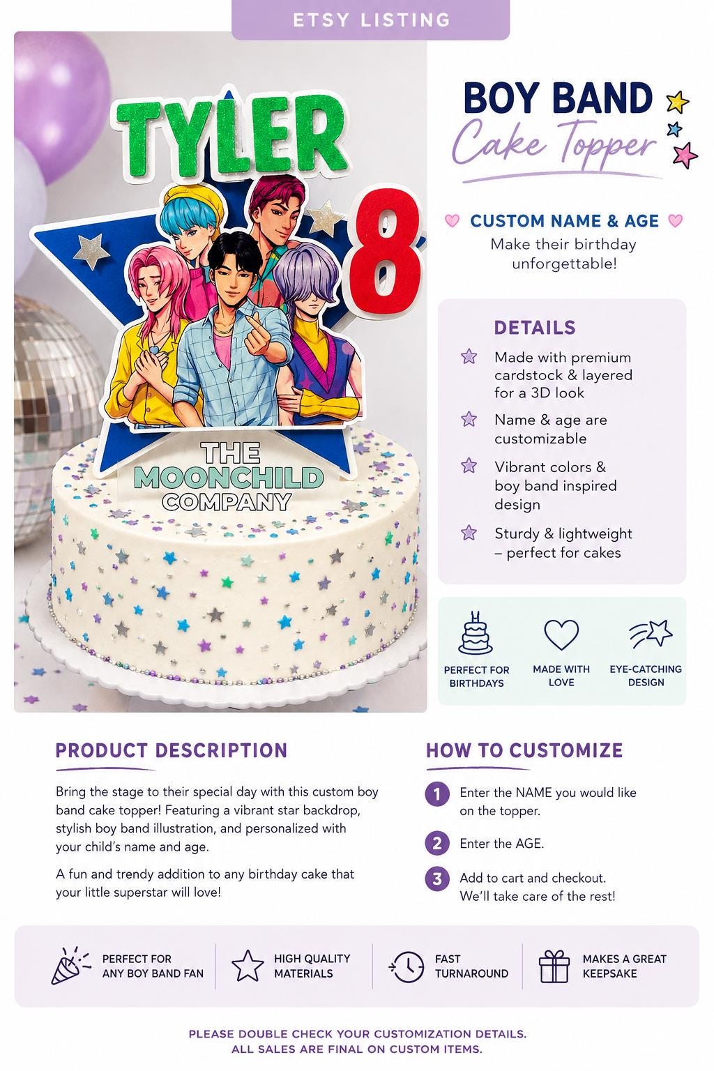 Custom Boy Band Birthday Cake Topper | Personalized Name & Age Cake Topper | Pop Star Birthday Party Decor | 3D Layered Cake Topper