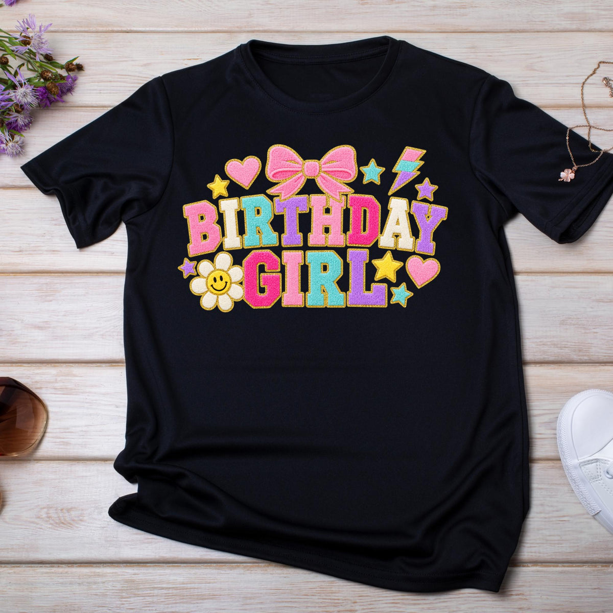 Preppy Birthday Girl Shirt, Faux Chenille Patch Shirt, Birthday Girl DTF Shirt, Varsity Letter Birthday Tee, Girls Birthday Outfit
