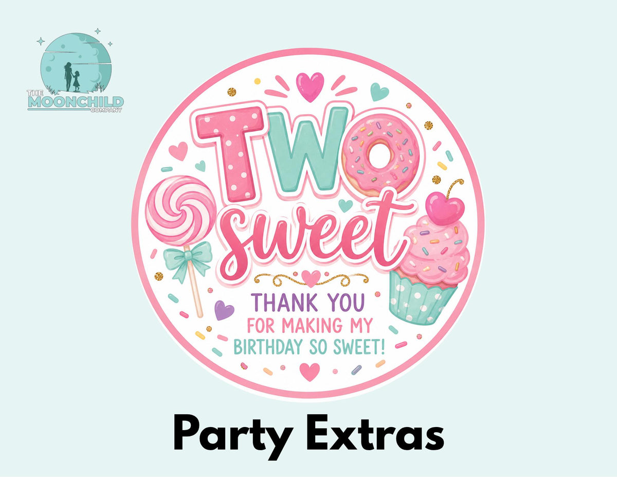 Two Sweet Cupcake Toppers & Party Favor Tags | 2" Birthday Cupcake Picks | Two Sweet Birthday Stickers | Candy Birthday Party Decor
