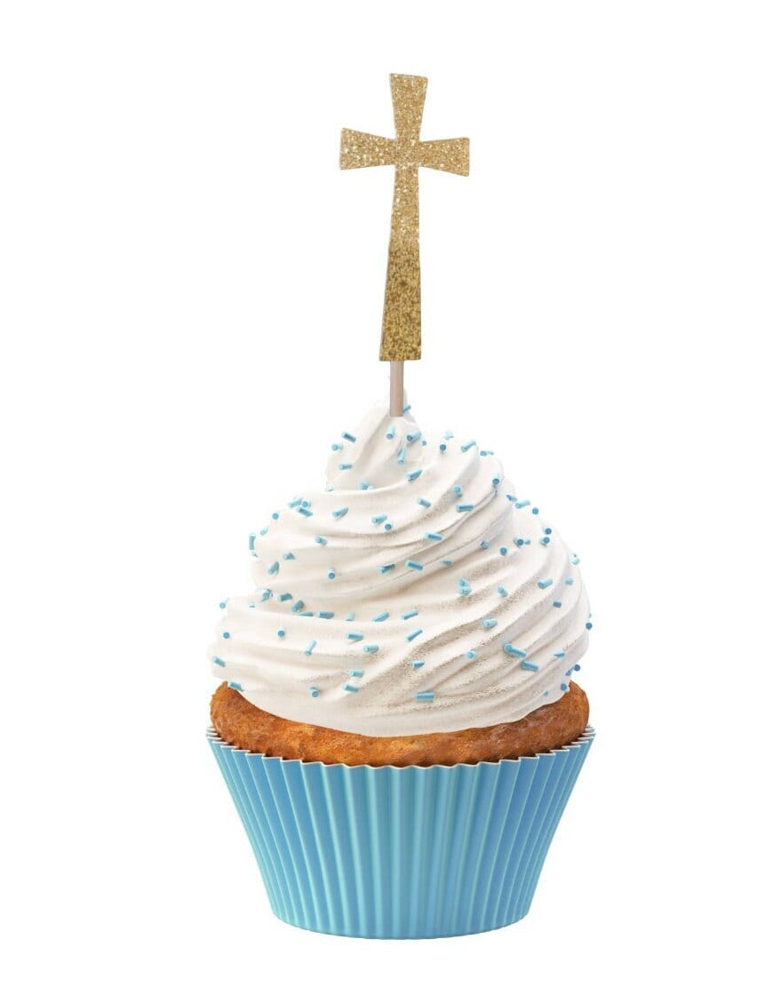 Gold Cross Cupcake Toppers – Baptism Cupcake Picks – Religious Cupcake Decorations – Christening Party Decor – Communion Dessert Toppers