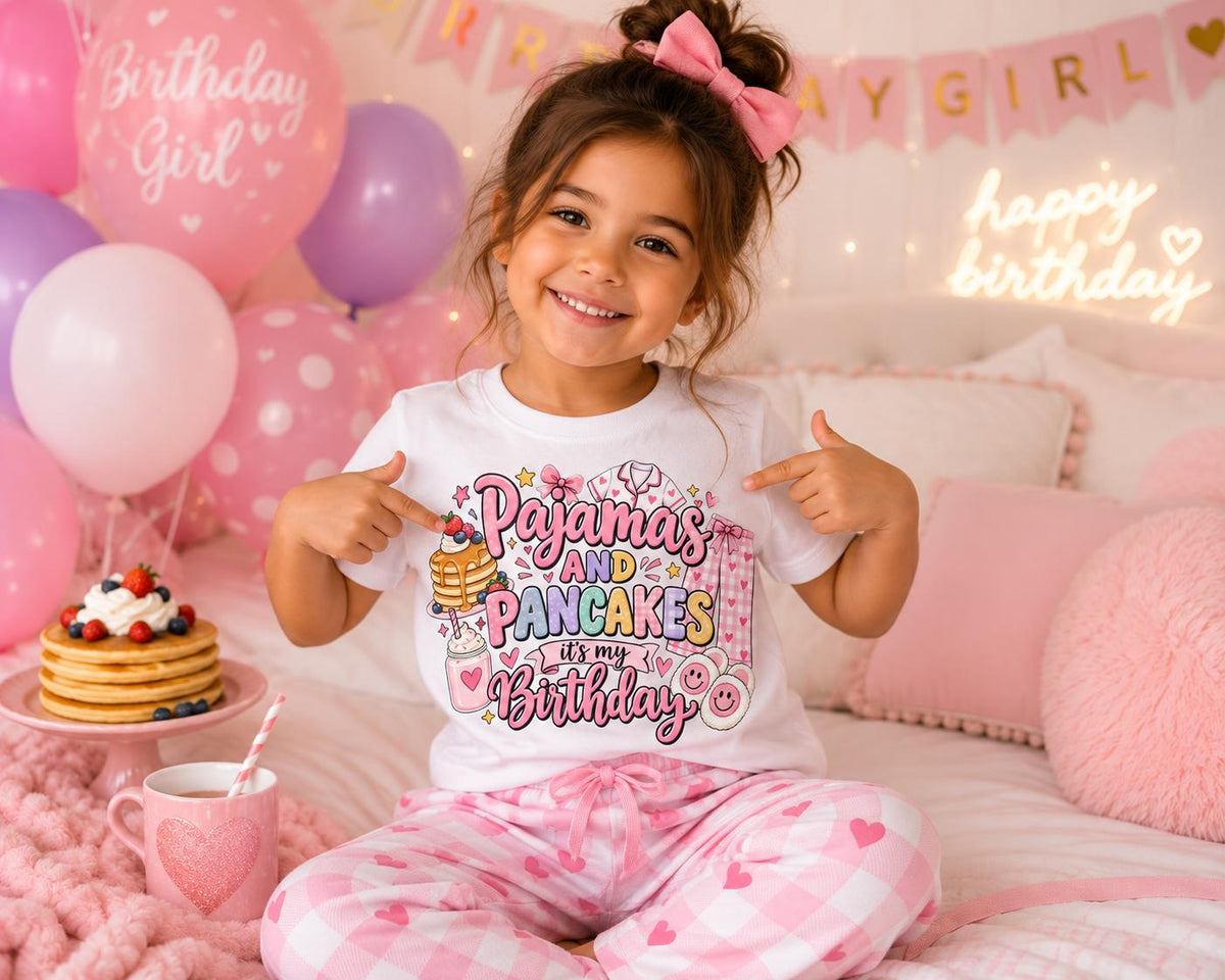 Pajamas and Pancakes Birthday Shirt, Girls Pancake Birthday Shirt, Pajama Party Birthday Outfit, Sleepover Birthday Shirt, Birthday Girl Tee