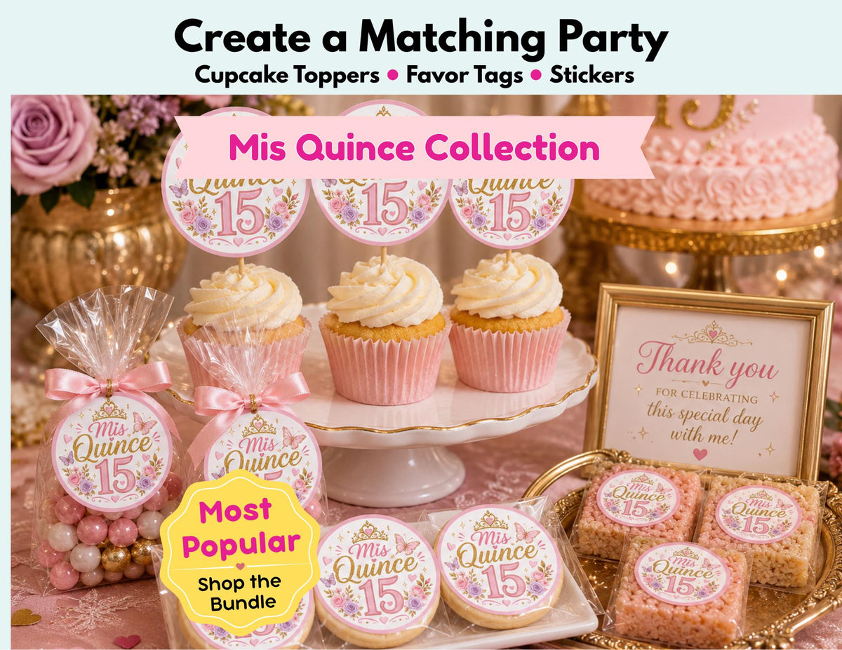 Mis Quince Cupcake Toppers, Favor Tags & Stickers | Personalized Quinceañera Party Decor | Sweet 15 Party Favors | Dessert Table Decorations
