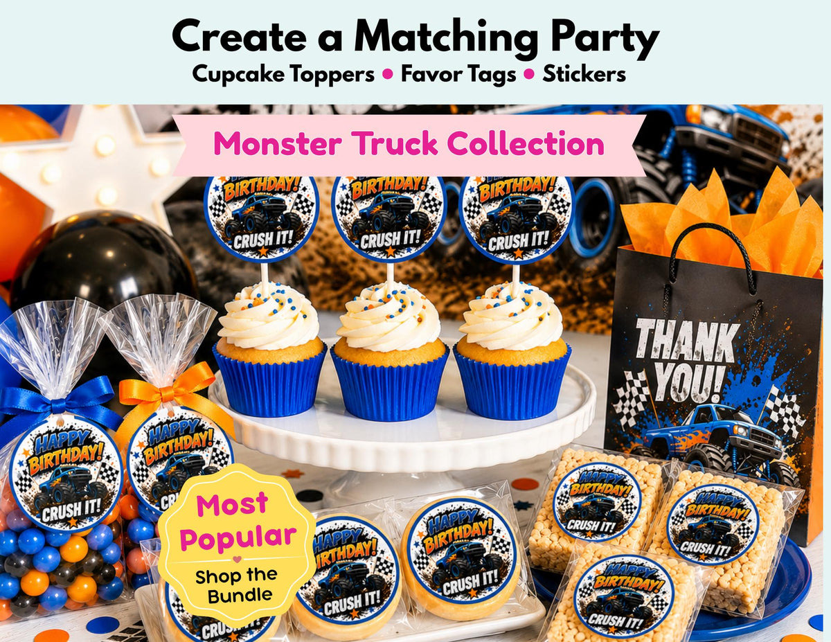 Monster Truck Birthday Cupcake Toppers, Favor Tags & Stickers | Truck Birthday Party Decor | Off-Road Birthday Party Favors