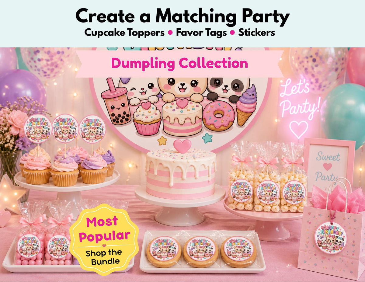 Kawaii Birthday Party Decorations, Cute Cupcake Toppers, Kawaii Birthday Stickers, Favor Tags, Pastel Birthday Party Decor