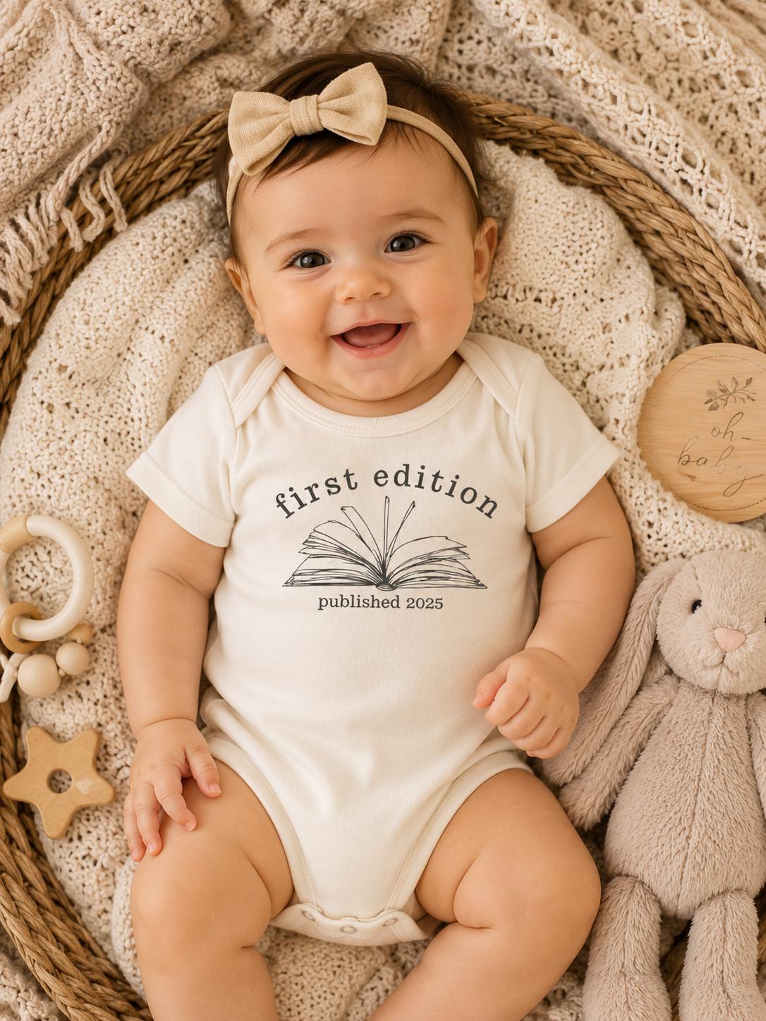 First Edition Baby Onesie – Published 2025 Baby Bodysuit – Pregnancy Announcement Outfit – Newborn Coming Home Outfit – Baby Shower Gift