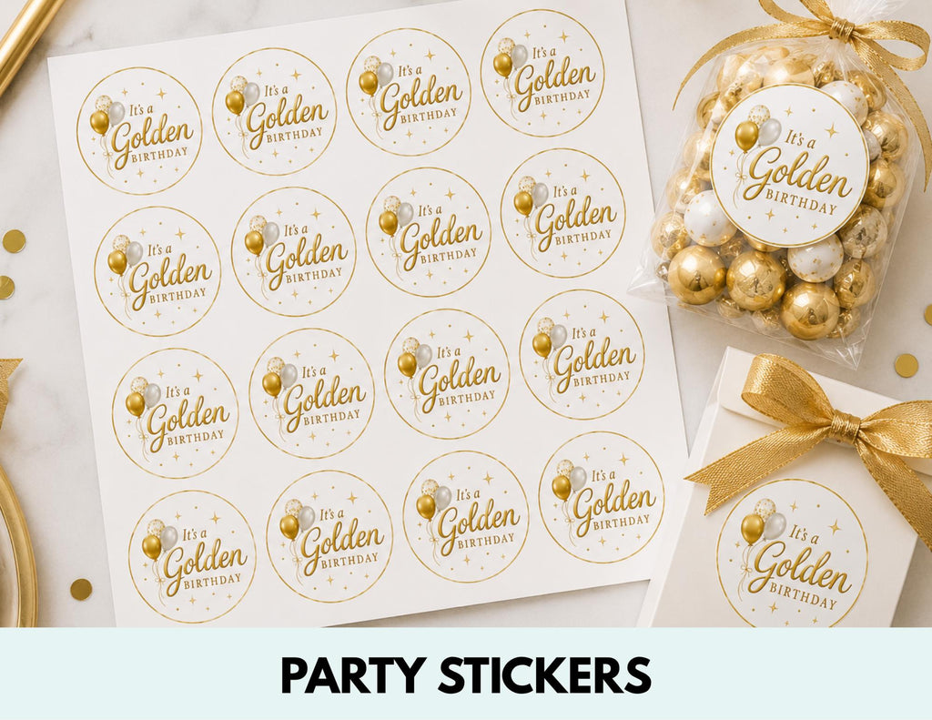 Golden Birthday Party Stickers | 16 Matching Favor Stickers | Treat Bag Labels | Matte or Glossy Finish