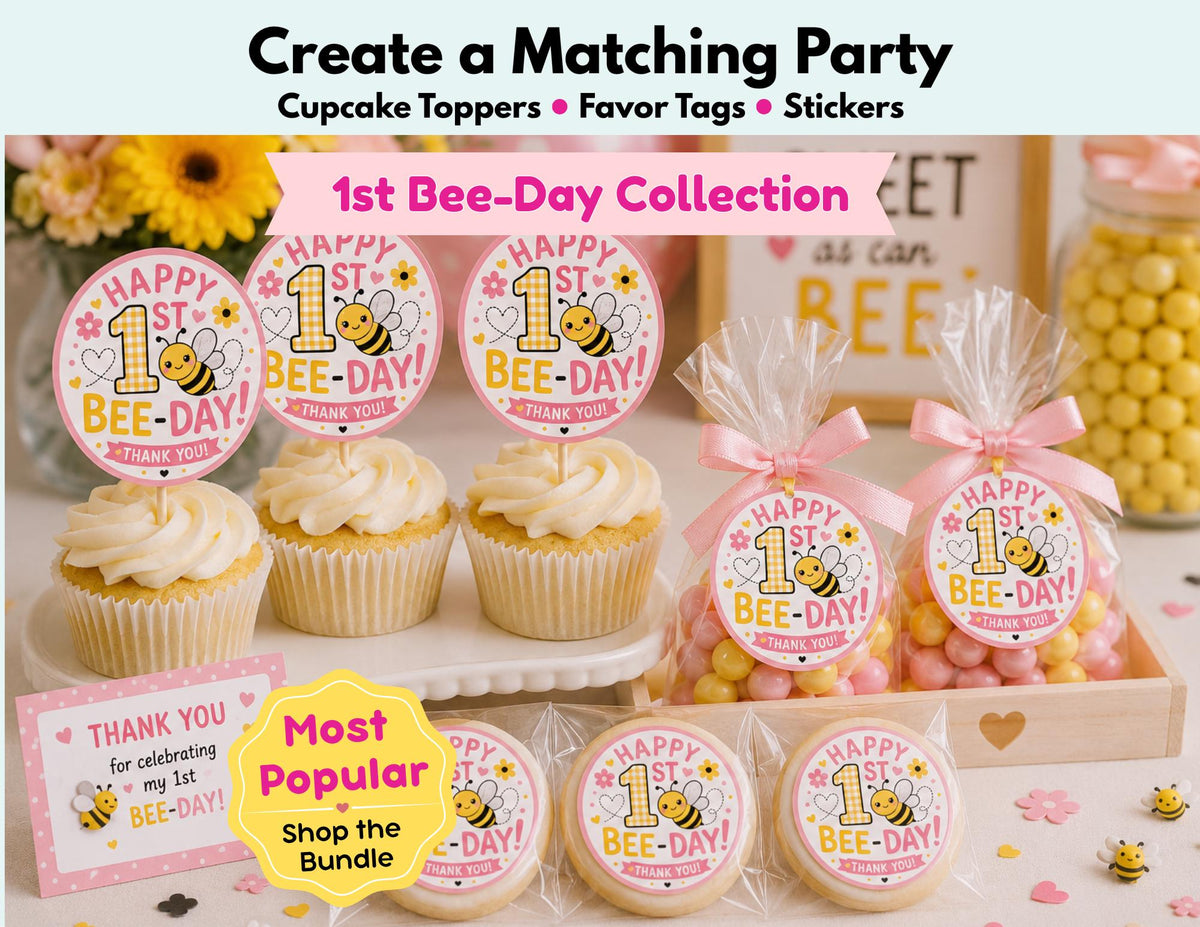 1st Bee-Day Cupcake Toppers, Favor Tags & Stickers | Bee Birthday Party Decor | First Bee Day Party Favors | Bumble Bee Birthday Decorations