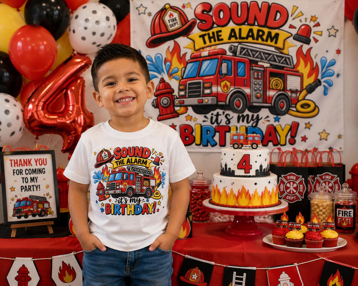 Fire Truck Birthday Shirt, Sound the Alarm Birthday Shirt, Firefighter Birthday Boy Shirt, Kids Fire Truck Party Outfit, Birthday Tee