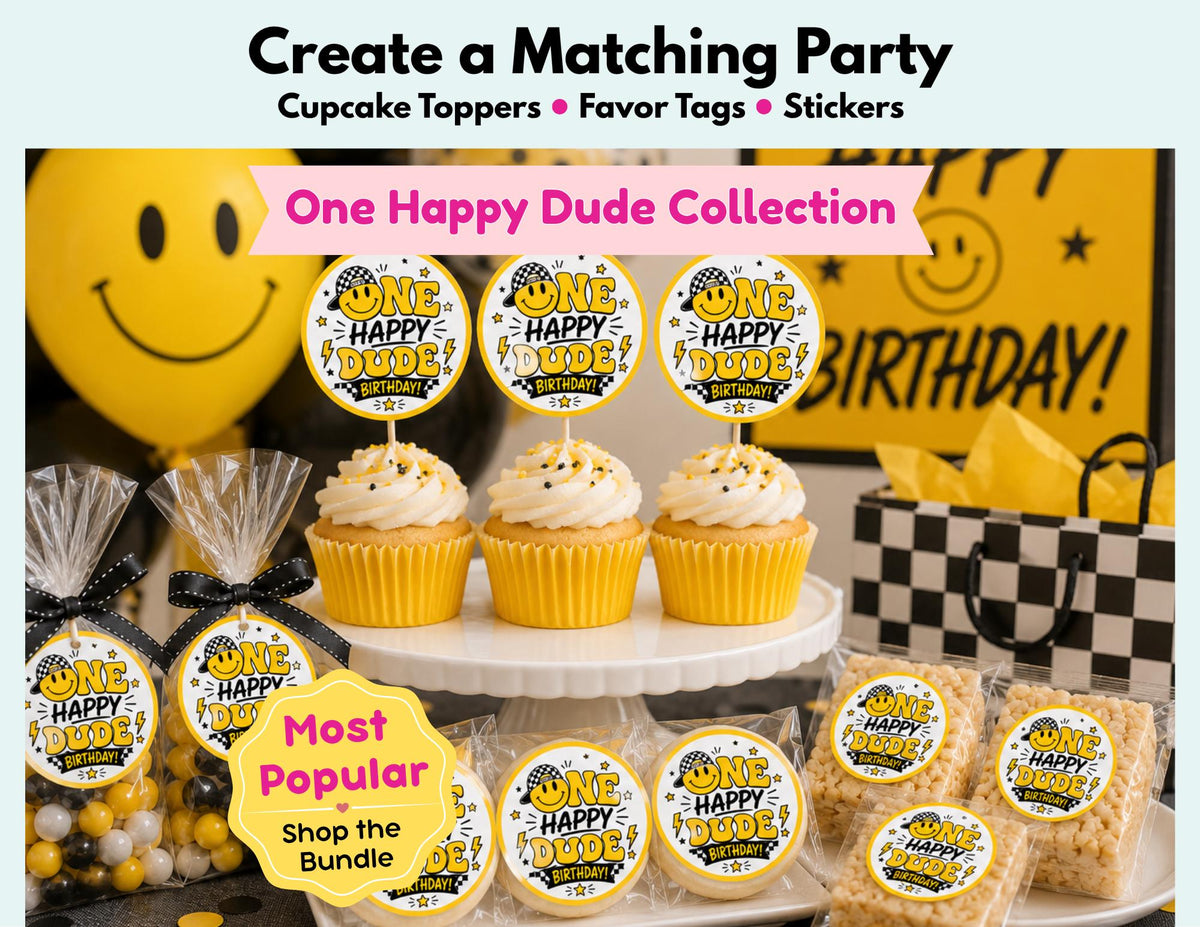 One Happy Dude Cupcake Toppers, Favor Tags & Stickers | Smiley Face Birthday Party Decor | First Birthday Party Favors | Dessert Table