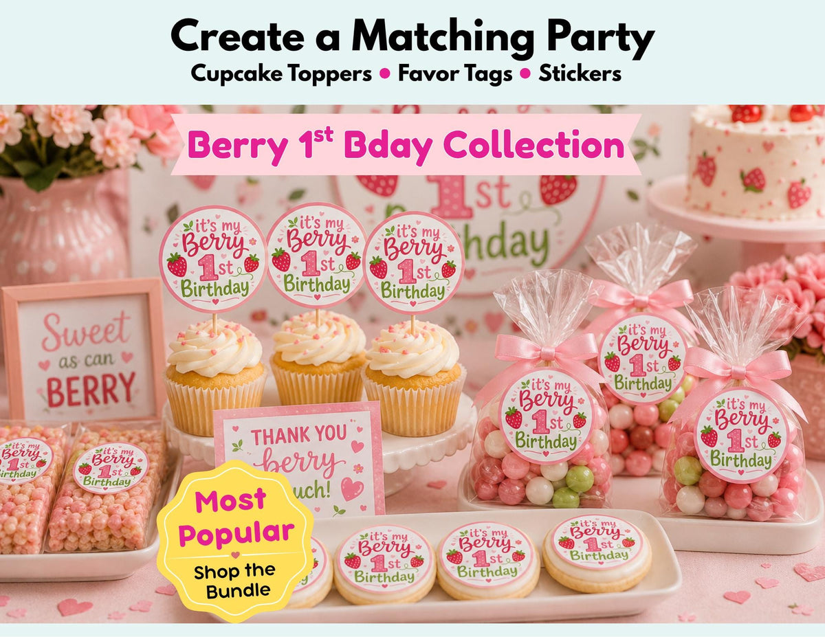 Berry 1st Birthday Cupcake Toppers, Favor Tags & Stickers | Strawberry First Birthday Party Decor | Berry Sweet Party Favors
