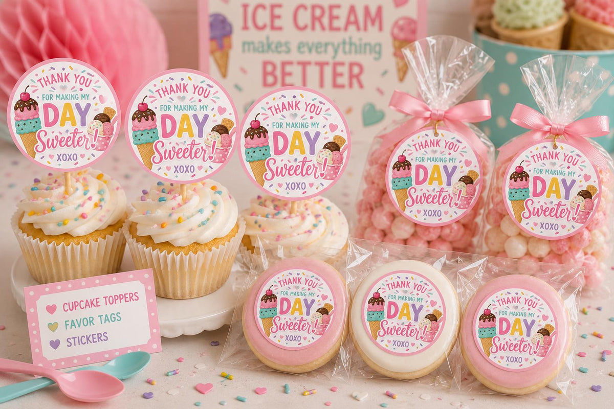 Ice Cream Birthday Cupcake Toppers, Favor Tags & Stickers | Ice Cream Party Decor | Sweet Birthday Favor Tags | Dessert Table Decorations