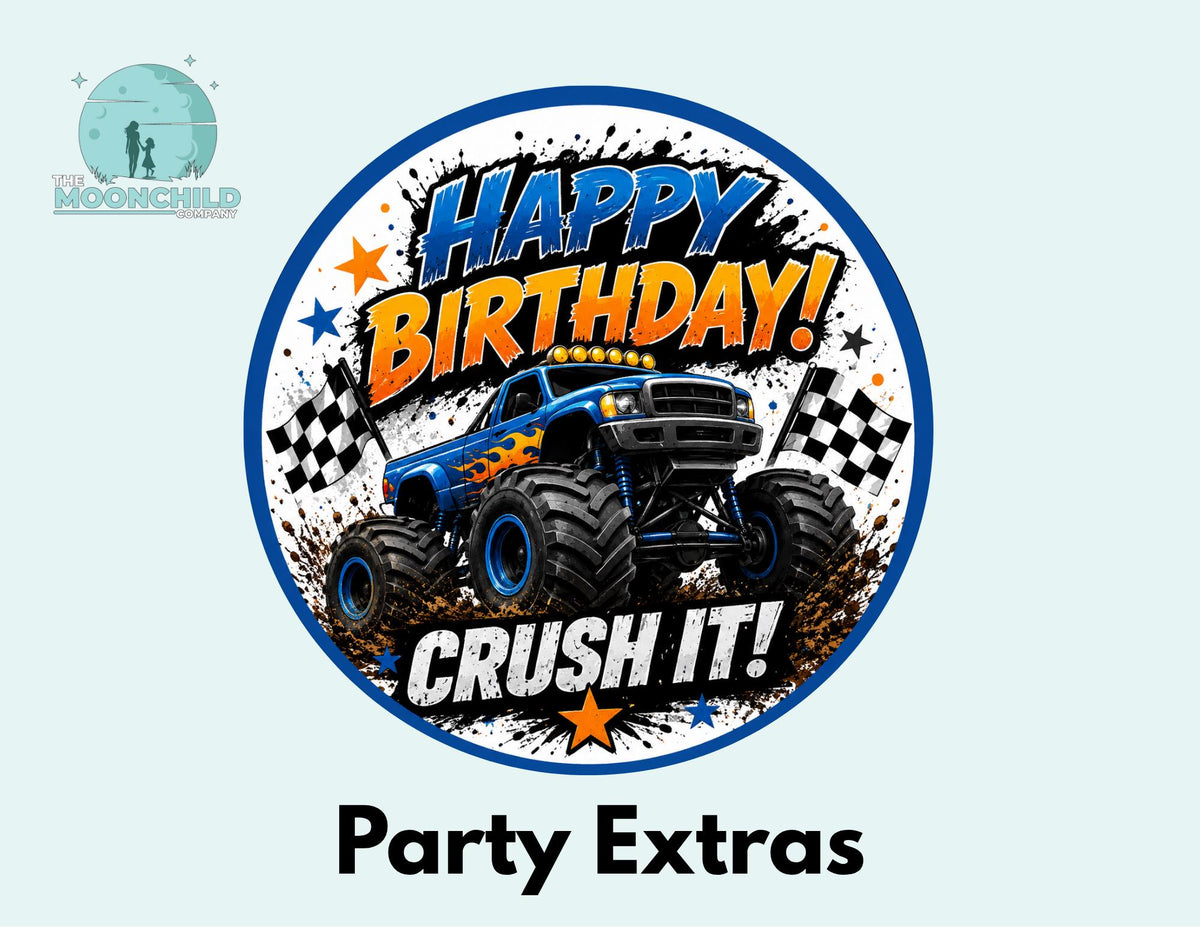 Monster Truck Birthday Cupcake Toppers, Favor Tags & Stickers | Truck Birthday Party Decor | Off-Road Birthday Party Favors