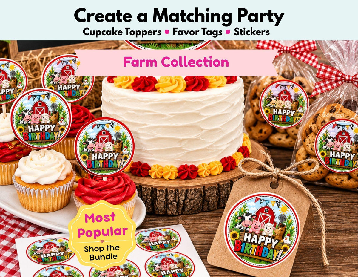 Farm Birthday Party Decorations, Farm Cupcake Toppers, Barnyard Birthday Stickers, Farm Favor Tags, Farm Animal Party Supplies