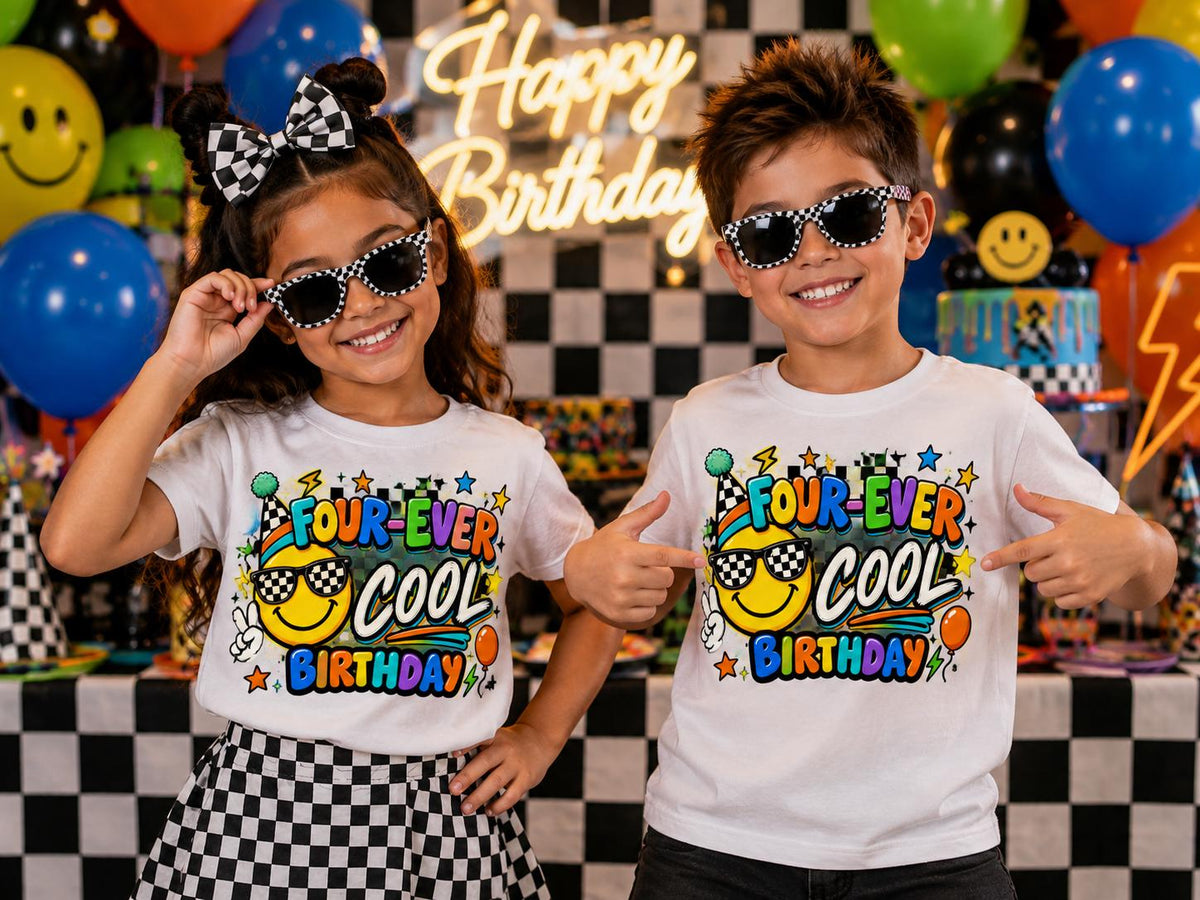 Four Ever Cool Birthday Shirt, 4th Birthday Shirt Boy Girl, Retro Smiley Birthday Shirt, Checkered 4th Birthday Outfit, Fourth Birthday Tee