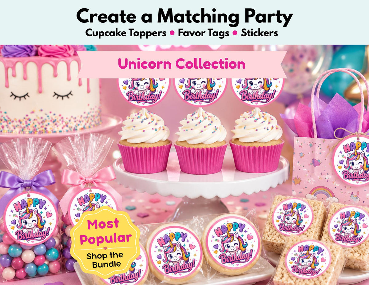 Unicorn Birthday Cupcake Toppers, Favor Tags & Stickers | Magical Unicorn Party Decor | Rainbow Birthday Party Favors