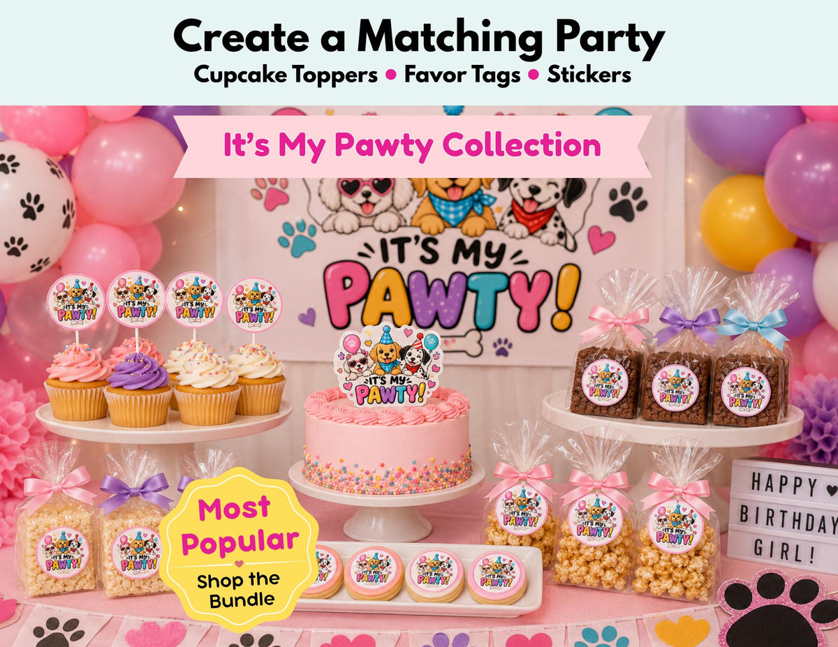 Puppy Birthday Party Decorations, Puppy Cupcake Toppers, Dog Birthday Stickers, Puppy Favor Tags, It’s My Pawty Party Decor