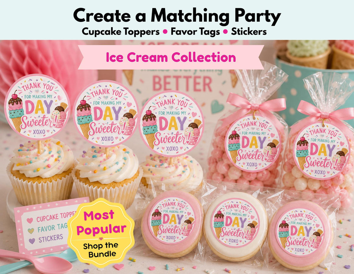 Ice Cream Birthday Cupcake Toppers, Favor Tags & Stickers | Ice Cream Party Decor | Sweet Birthday Favor Tags | Dessert Table Decorations