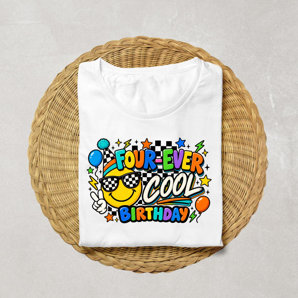 Four Ever Cool Birthday Shirt, 4th Birthday Shirt Boy Girl, Retro Smiley Birthday Shirt, Checkered 4th Birthday Outfit, Fourth Birthday Tee