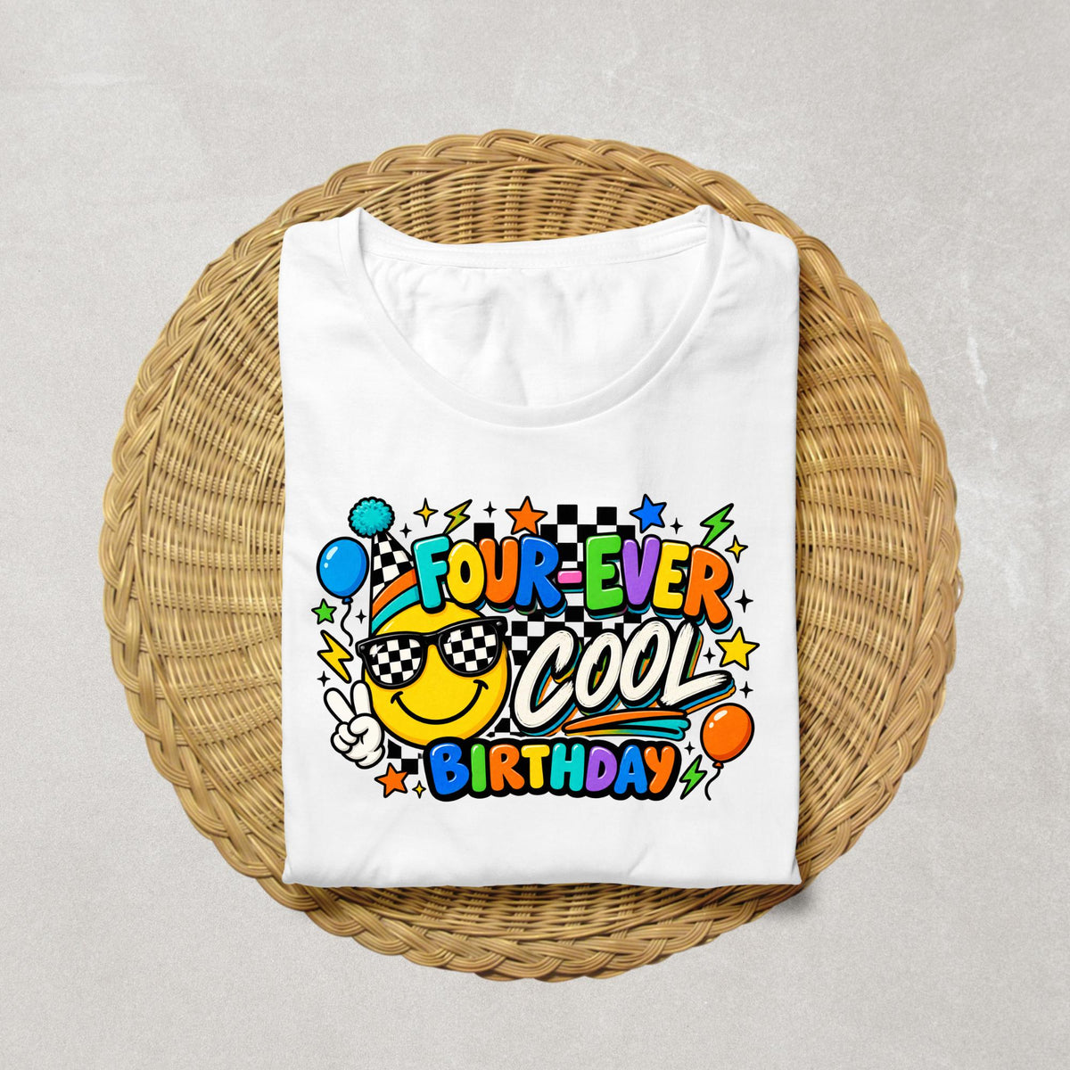 Four Ever Cool Birthday Shirt, 4th Birthday Shirt Boy Girl, Retro Smiley Birthday Shirt, Checkered 4th Birthday Outfit, Fourth Birthday Tee