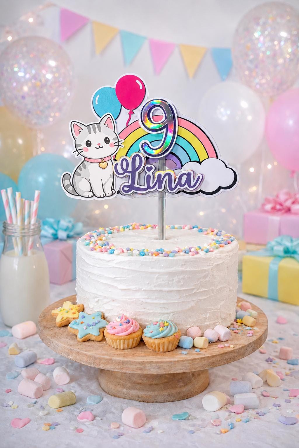 Personalized Rainbow Cat Cake Topper | Custom Name & Age Birthday Cake Decoration | Pastel Birthday Party Decor | Cute Kitten Cake Topper