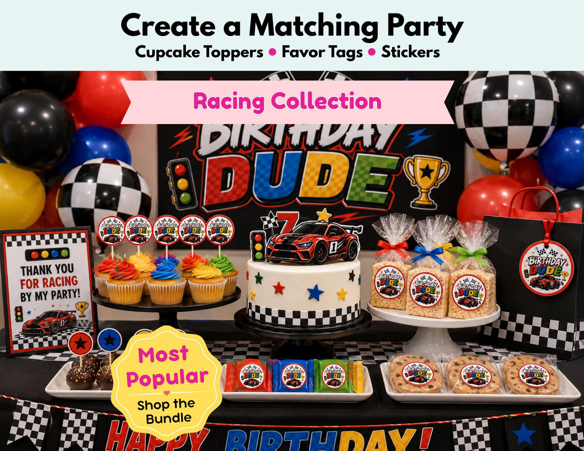 Race Car Birthday Party Decorations, Racing Cupcake Toppers, Race Car Stickers, Racing Favor Tags, Birthday Dude Party Decor