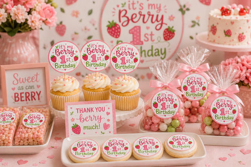 Berry 1st Birthday Cupcake Toppers, Favor Tags & Stickers | Strawberry First Birthday Party Decor | Berry Sweet Party Favors