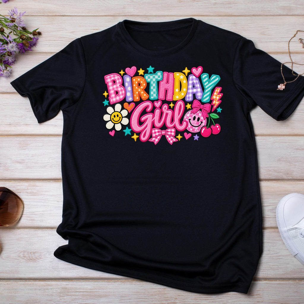 Preppy Birthday Girl Shirt, Faux Embroidery Birthday Shirt, Patchwork Birthday Girl Tee, Colorful Girls Birthday Outfit, DTF Shirt