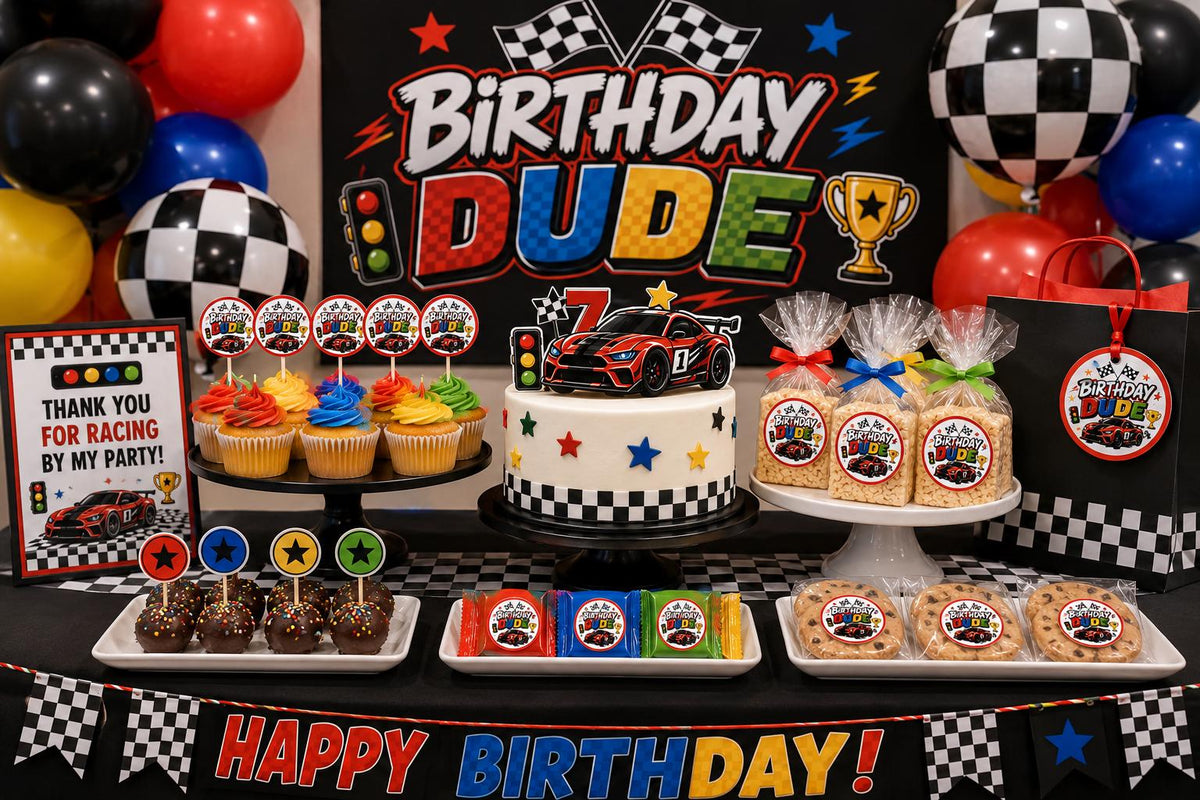 Race Car Birthday Party Decorations, Racing Cupcake Toppers, Race Car Stickers, Racing Favor Tags, Birthday Dude Party Decor