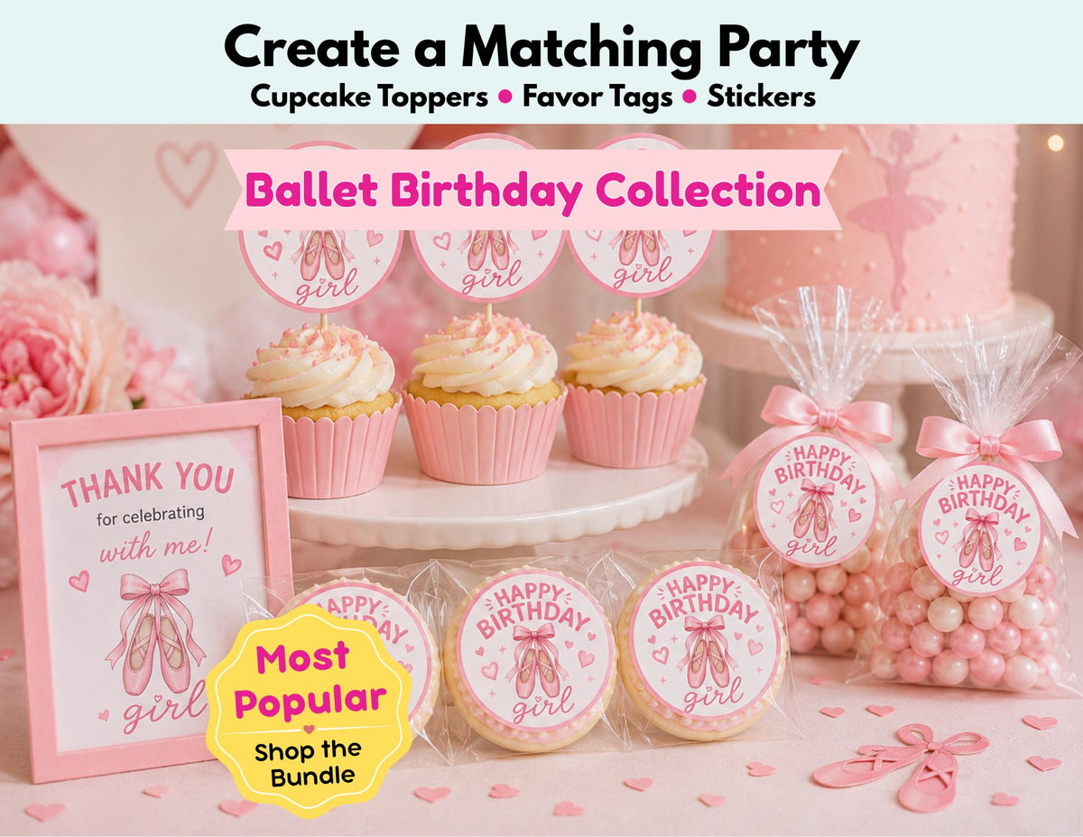 Ballet Birthday Cupcake Toppers, Favor Tags & Stickers | Ballet Slipper Party Decor | Ballerina Birthday Party Favors | Dessert Table