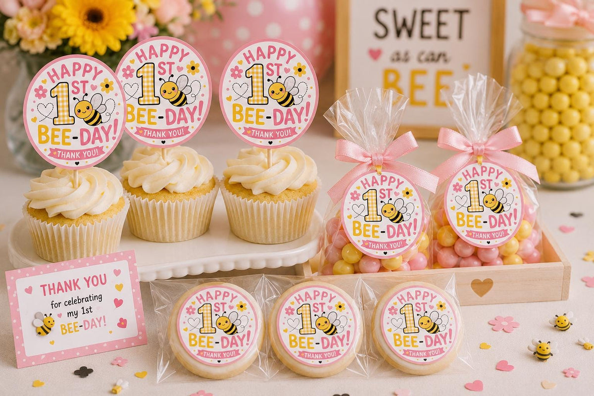 1st Bee-Day Cupcake Toppers, Favor Tags & Stickers | Bee Birthday Party Decor | First Bee Day Party Favors | Bumble Bee Birthday Decorations