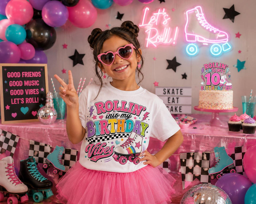 Rollin' Into My Birthday Vibes Shirt | Roller Skating Birthday Shirt | Skate Party Shirt | Retro Birthday Outfit | Girls Birthday Tee