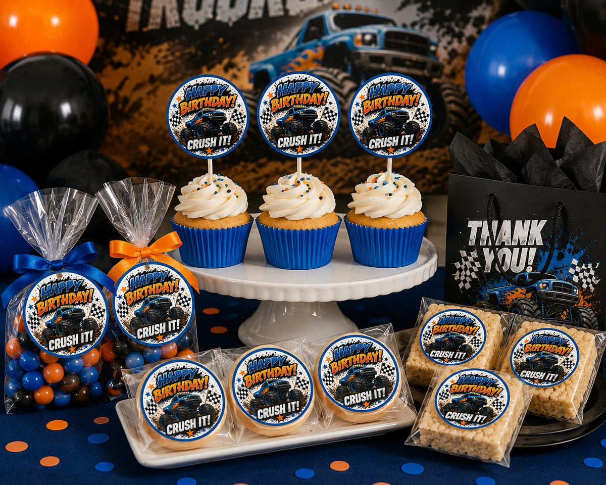 Monster Truck Birthday Cupcake Toppers, Favor Tags & Stickers | Truck Birthday Party Decor | Off-Road Birthday Party Favors