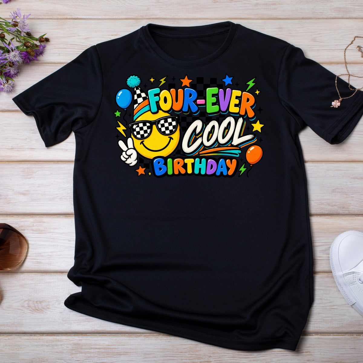 Four Ever Cool Birthday Shirt, 4th Birthday Shirt Boy Girl, Retro Smiley Birthday Shirt, Checkered 4th Birthday Outfit, Fourth Birthday Tee