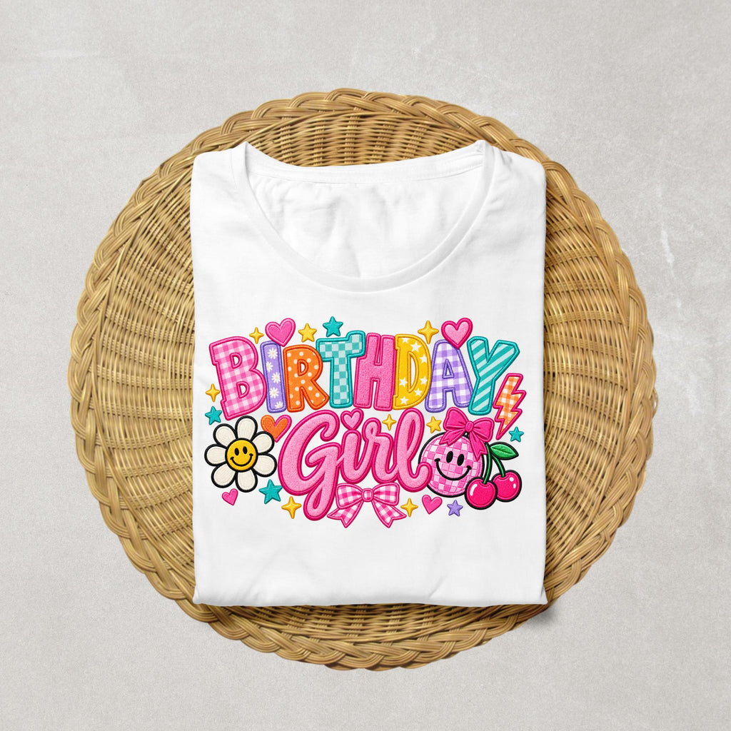 Preppy Birthday Girl Shirt, Faux Embroidery Birthday Shirt, Patchwork Birthday Girl Tee, Colorful Girls Birthday Outfit, DTF Shirt