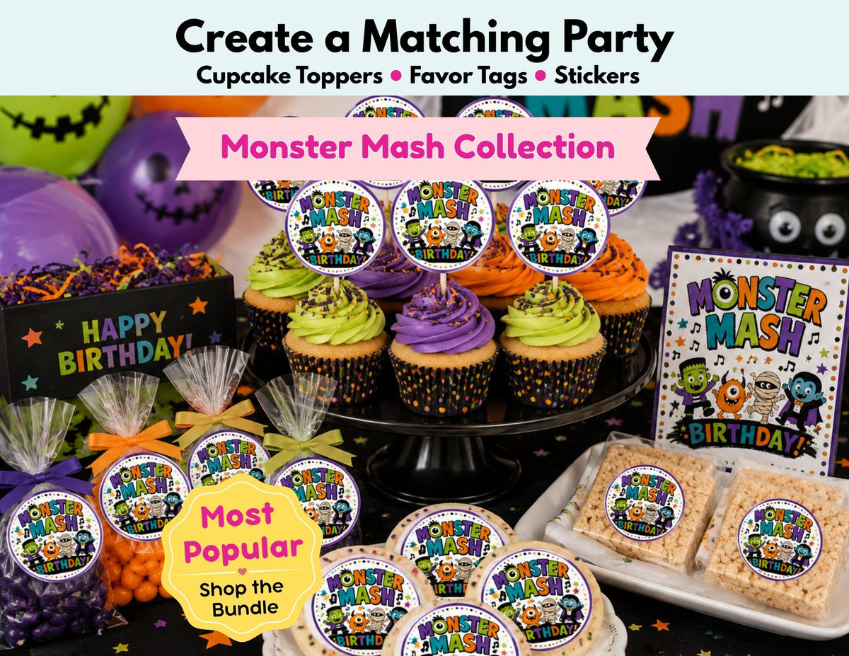 Monster Mash Birthday Party Decorations, Monster Cupcake Toppers, Halloween Birthday Stickers, Monster Favor Tags, Spooky Birthday Party