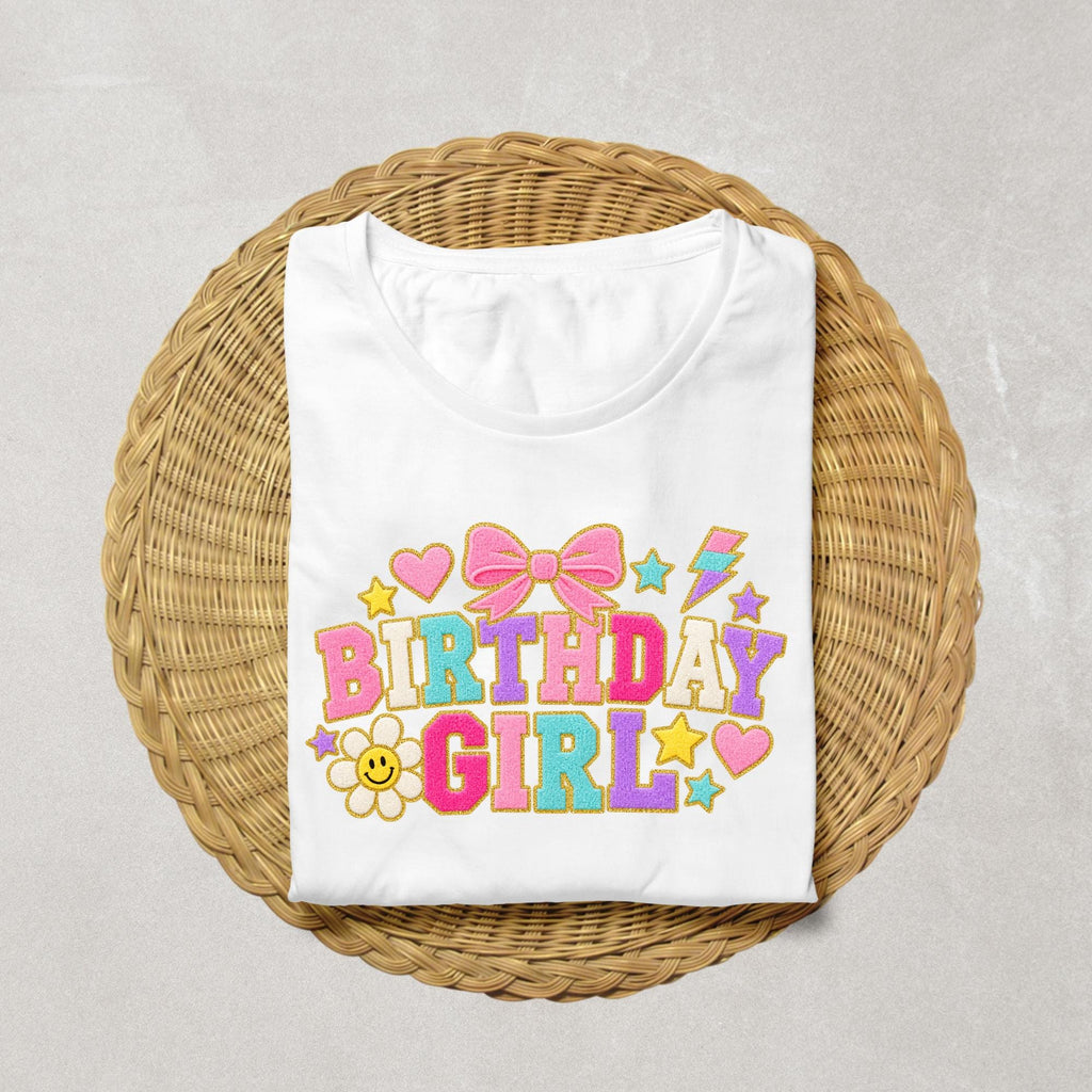 Preppy Birthday Girl Shirt, Faux Chenille Patch Shirt, Birthday Girl DTF Shirt, Varsity Letter Birthday Tee, Girls Birthday Outfit