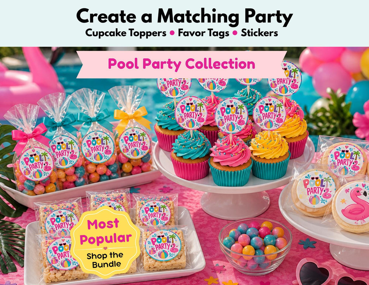 Pool Party Cupcake Toppers, Favor Tags & Stickers | Summer Pool Birthday Party Decor | Flamingo Party Favors | Dessert Table Decorations