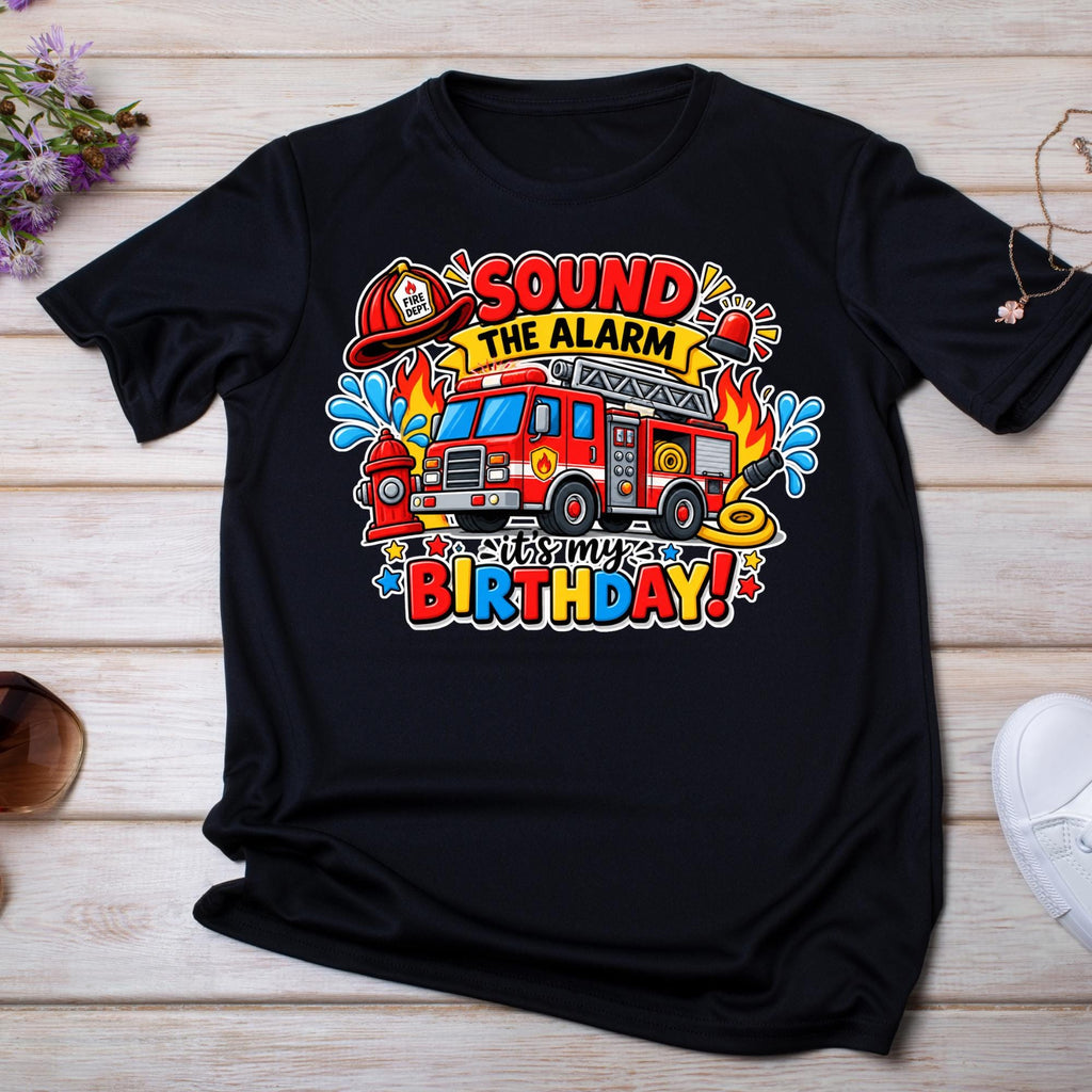 Fire Truck Birthday Shirt, Sound the Alarm Birthday Shirt, Firefighter Birthday Boy Shirt, Kids Fire Truck Party Outfit, Birthday Tee