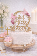 Baptism Cake Topper | God Bless Cake Topper with Name | Butterfly Floral Christening Decoration | Custom Religious Birthday Decor
